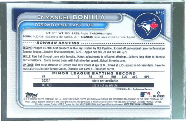 2024 Bowman Enmanuel Bonilla #BCP-53 Jays Chrome Prospects Lunar Glow Refractors - Image 3