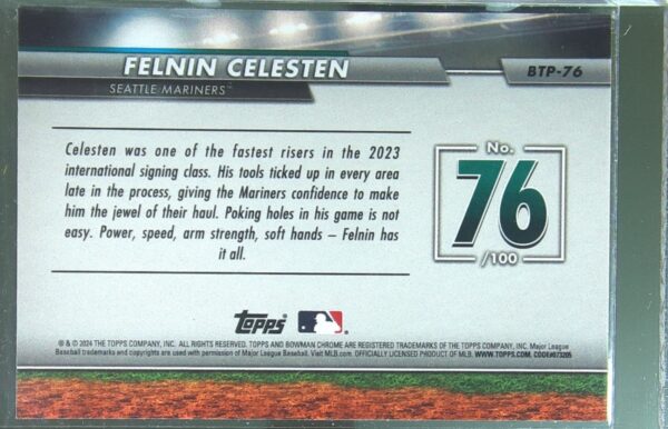 2024 Bowman Felnin Celesten #BTP-76 Mariners Bowman Scouts' Top 100 - Image 3