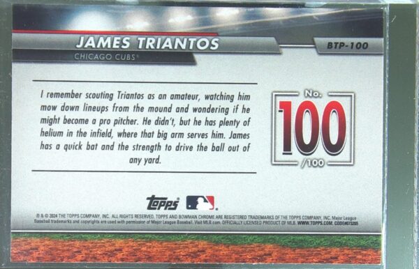 2024 Bowman James Triantos #BTP-100 Cubs Bowman Scouts' Top 100 - Image 3