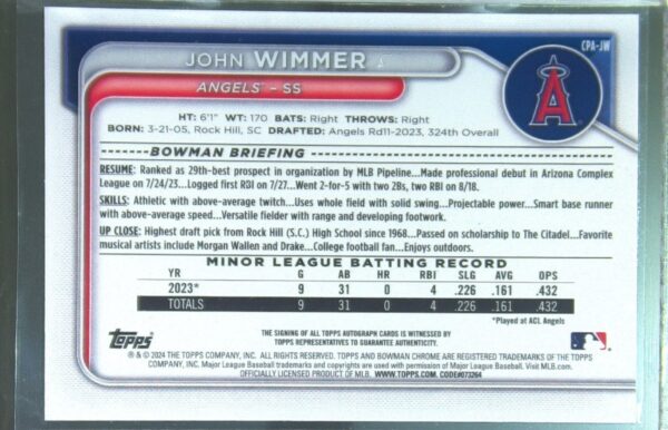2024 Bowman John Wimmer Auto #CPA-JW Angels Chrome Prospects Autographs - Image 3