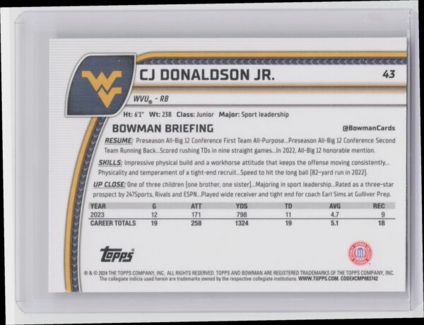 2024 Bowman University Chrome CJ Donaldson Jr. X Fractor 43 Mountaineers - Image 3