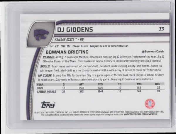 2024 Bowman University Chrome DJ Giddens Pink Lava Refractor 33 Wildcats - Image 3
