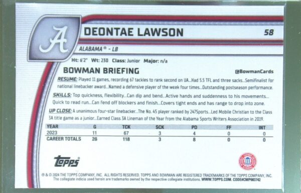 2024 Bowman University Chrome Deontae Lawson Green Lava Refractor /99 RC 58 Tide - Image 3
