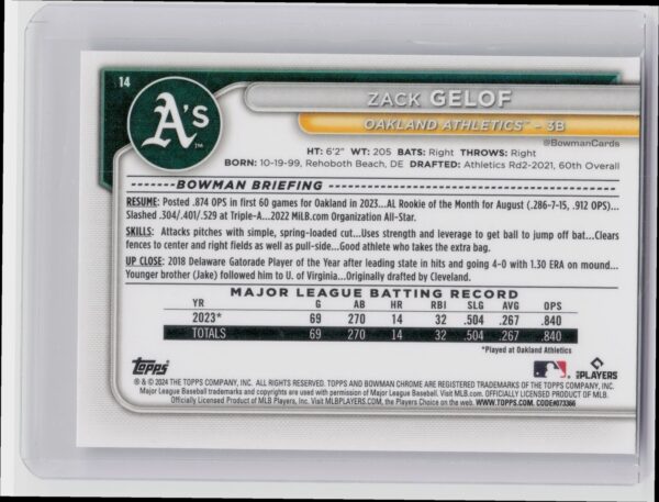 2024 Bowman Zack Gelof Chrome Mojo Refractors RC #14 Athletics - Image 3