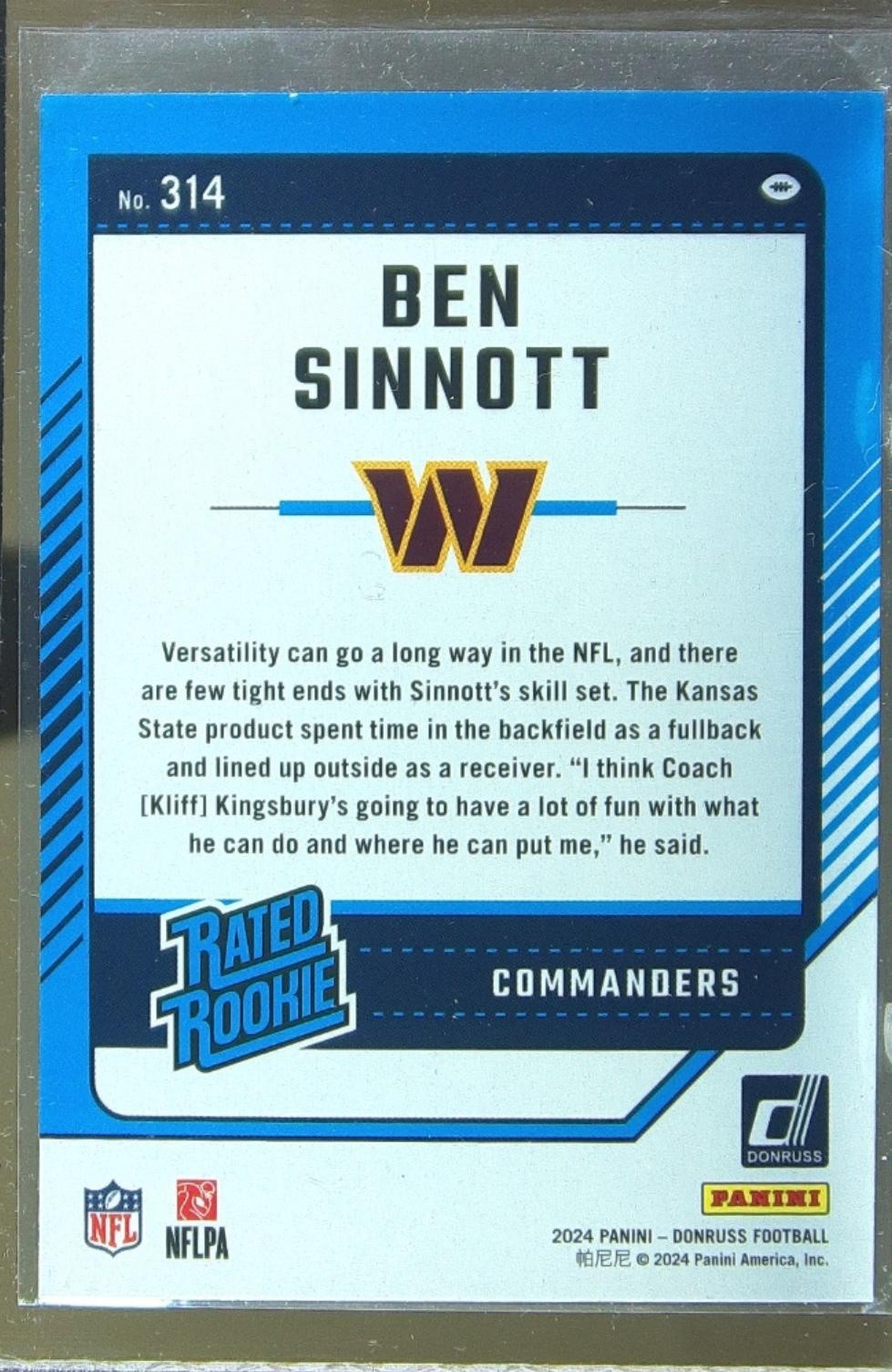 2024 Donruss Ben Sinnott Press Proof Red RC 314 Commanders - Image 3