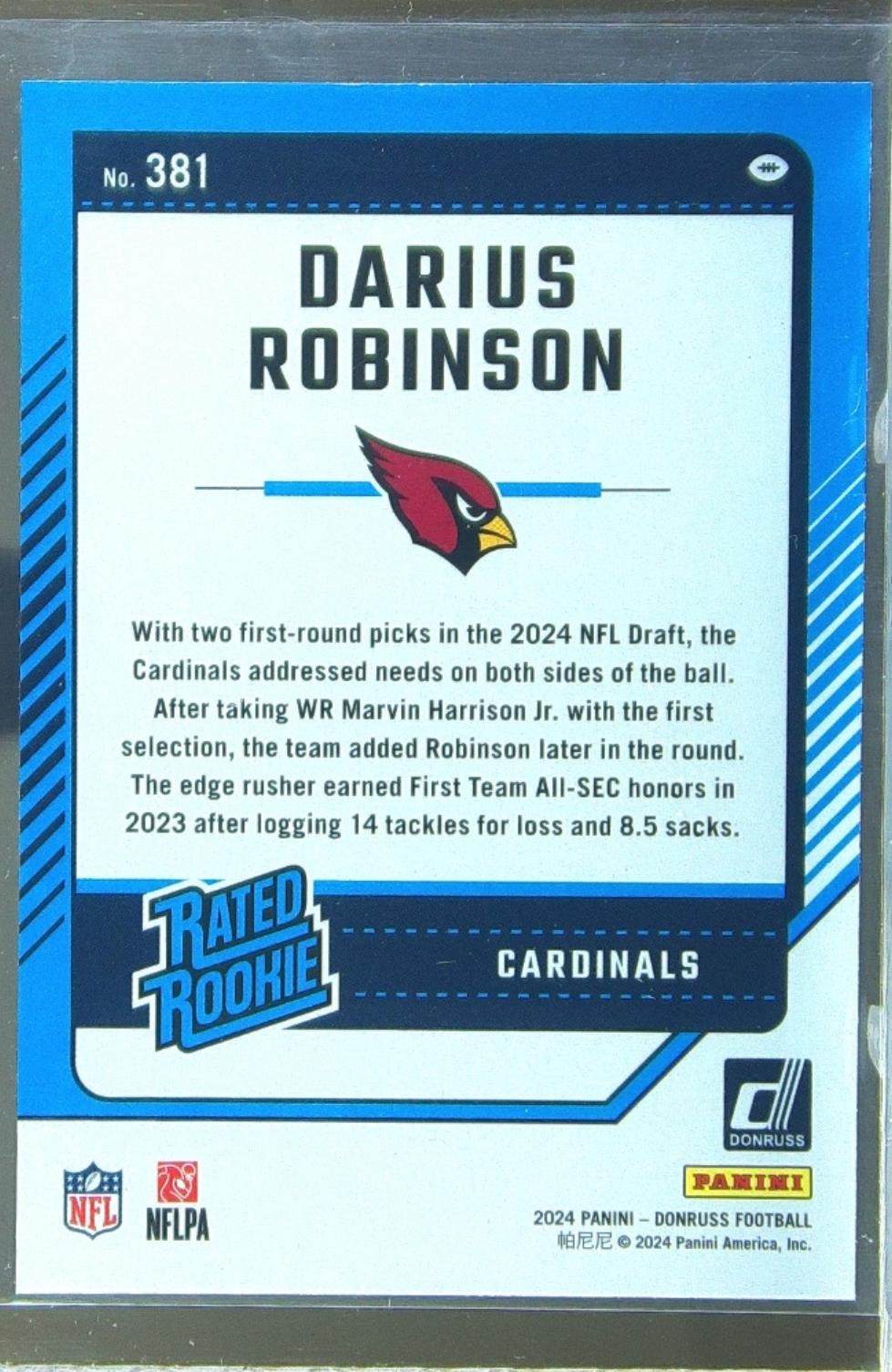 2024 Donruss Darius Robinson RC #381 Cardinals - Image 3