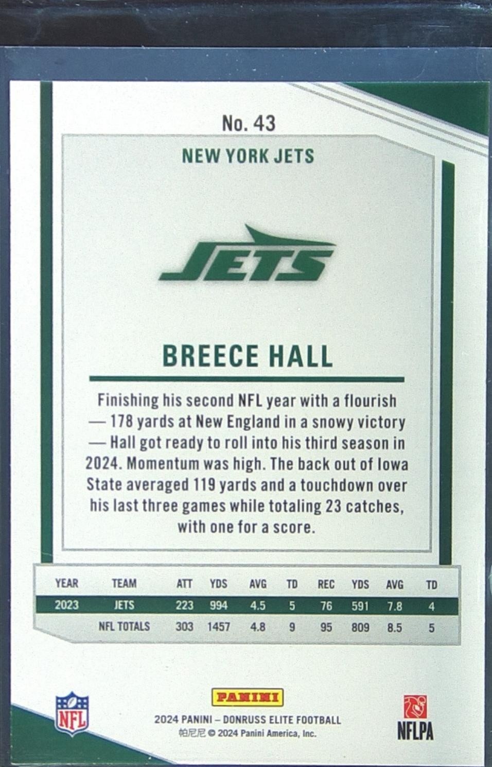 2024 Donruss Elite Breece Hall Green Disco 43 Jets - Image 3