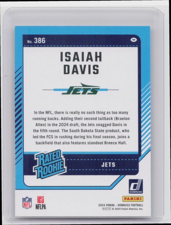 2024 Donruss Isaiah Davis Rated Rookie RC 386 Jets - Image 3