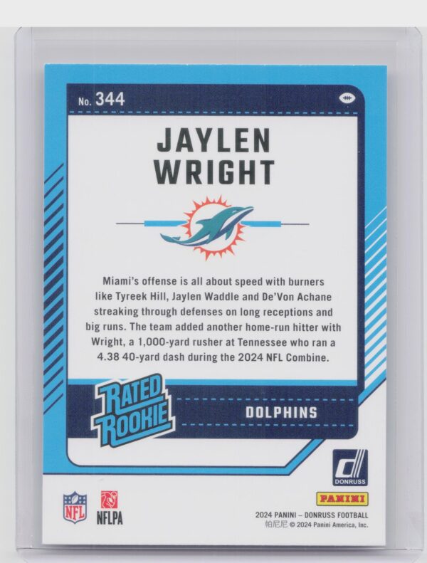 2024 Donruss Jaylen Wright RC 344 Dolphins - Image 3