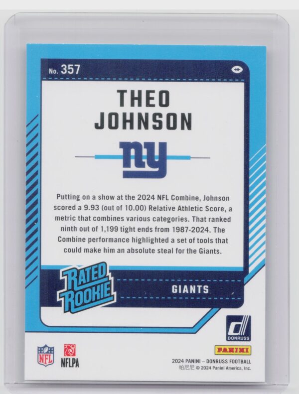 2024 Donruss Theo Johnson RC 357 Giants - Image 3