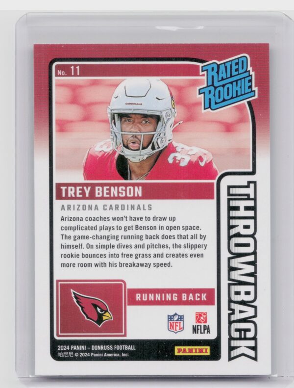 2024 Donruss Trey Benson RC 11 Cardinals Rated Rookies Throwback - Image 3