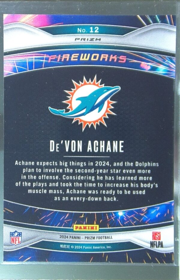 2024 Prizm De'Von Achane 12 Dolphins Fireworks Green Ice Prizm - Image 3