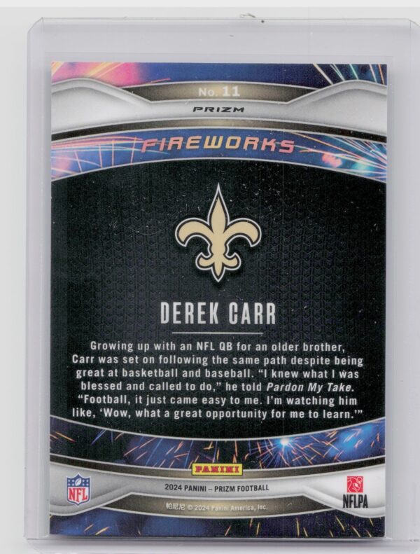 2024 Prizm Derek Carr 11 Saints Fireworks Green Prizm - Image 3