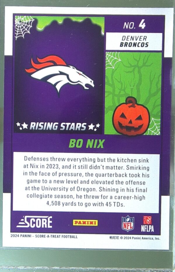 2024 Score-A-Treat Bo Nix RC #4 Broncos Rising Stars Orange Pumpkin - Image 3