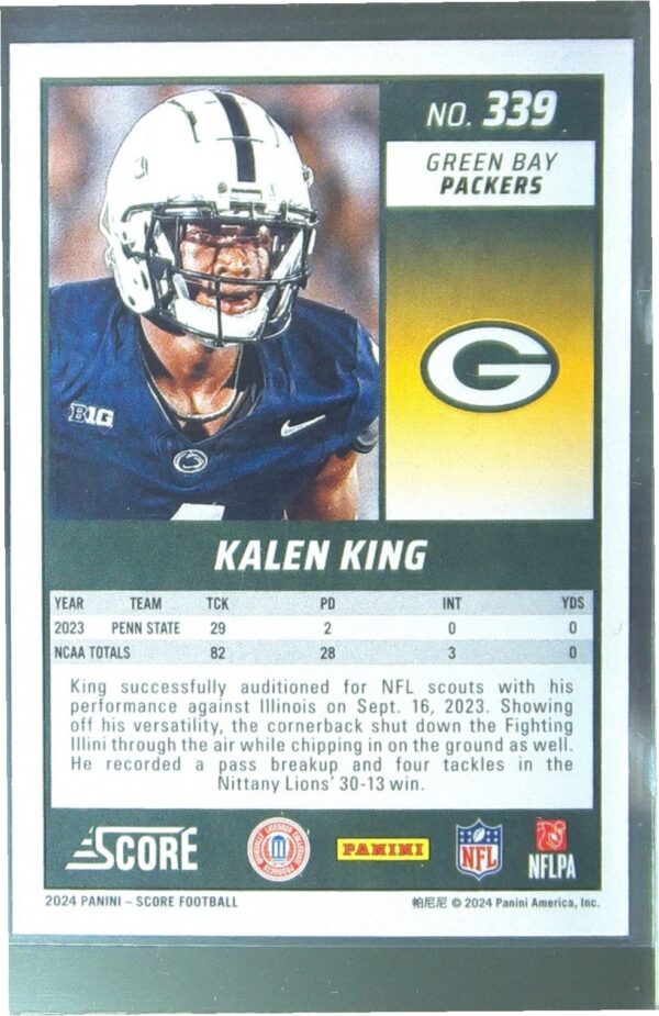 2024 Score Kalen King RC #339 Packers - Image 3