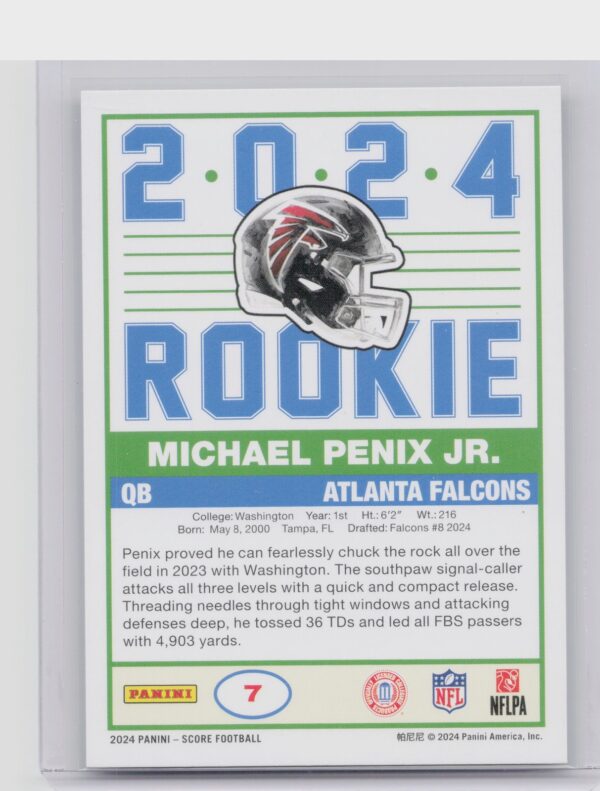 2024 Score Michael Penix Jr. RC #7 Falcons 35th Anniversary Rookies Purple - Image 3