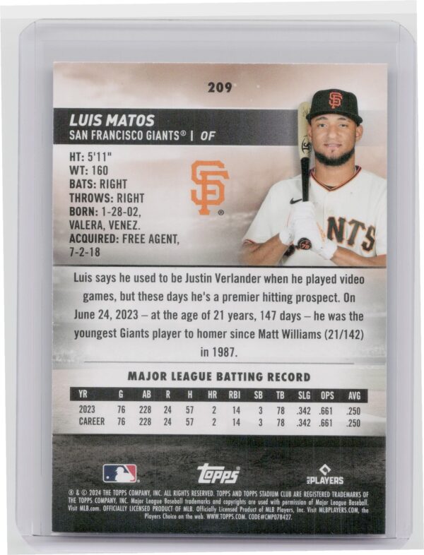 2024 Stadium Club Luis Matos Red Foil RC #209 Giants - Image 3
