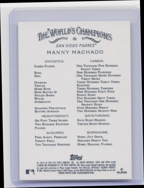2024 Topps Allen & Ginter Manny Machado #66 Padres - Image 3