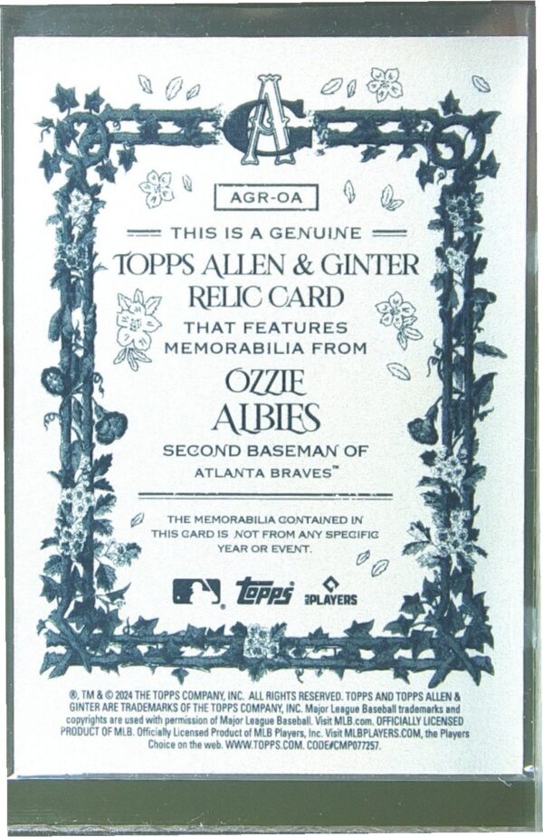 2024 Topps Allen & Ginter Ozzie Albies JSY #AGR-OA Braves Full Size Relics B - Image 3