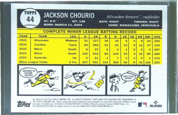 2024 Topps Archives Jackson Chourio RC #44 Brewers - Image 3