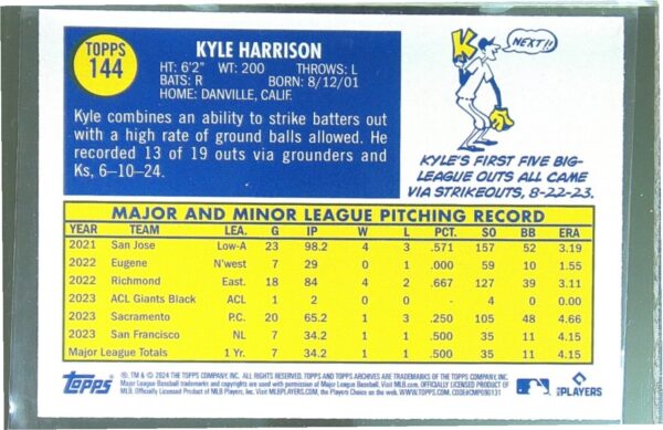 2024 Topps Archives Kyle Harrison Yellow Foilboard RC #144 Giants - Image 3