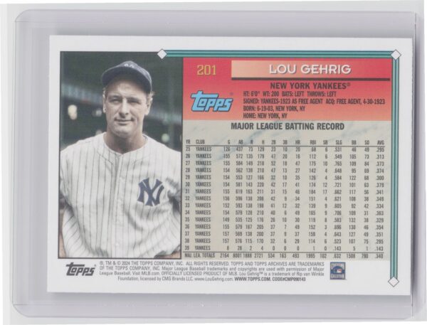 2024 Topps Archives Lou Gehrig #201 Yankees - Image 3