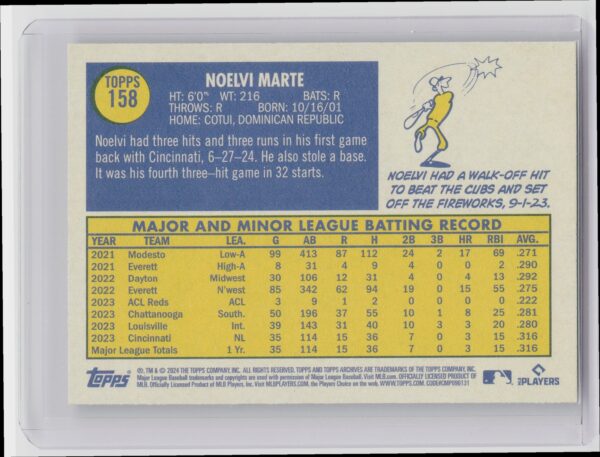 2024 Topps Archives Noelvi Marte RC #158 Reds - Image 3