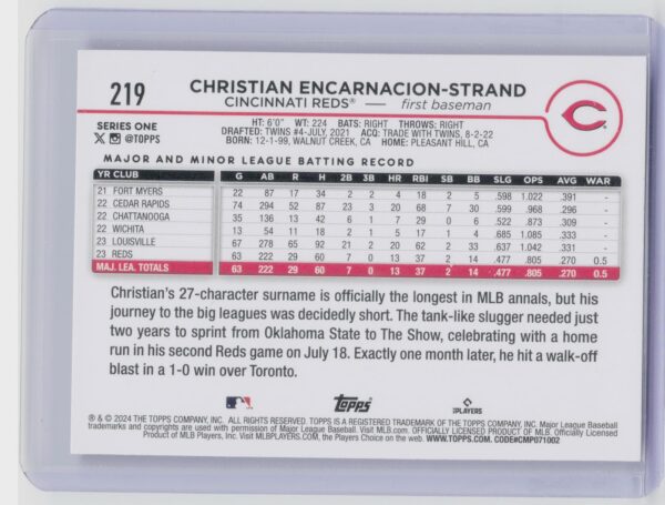 2024 Topps Christian Encarnacion-Strand RC #219 Reds - Image 3