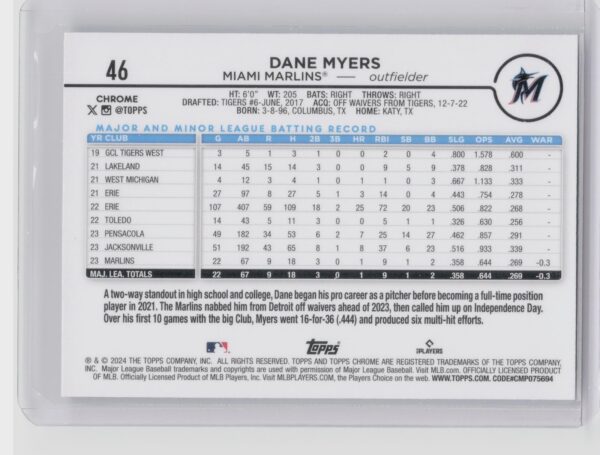 2024 Topps Chrome Dane Myers Prism Refractors #46 Marlins - Image 3