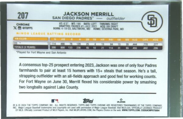 2024 Topps Chrome Jackson Merrill RC #207 Padres - Image 3