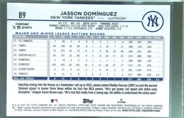 2024 Topps Chrome Jasson Domínguez X Fractors RC #89 Yankees - Image 3