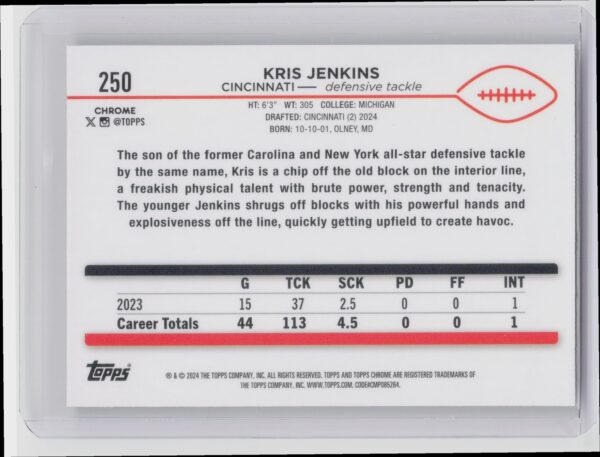 2024 Topps Chrome Kris Jenkins RC 250 Bengals - Image 3