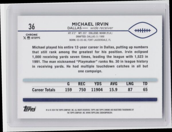 2024 Topps Chrome Michael Irvin 36 Cowboys - Image 3