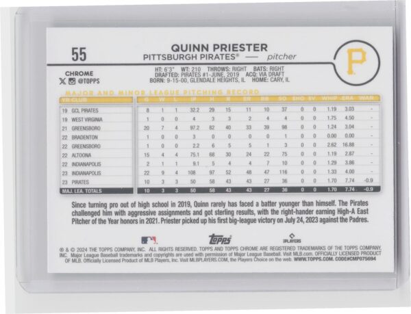 2024 Topps Chrome Quinn Priester X Fractors #55 Pirates - Image 3