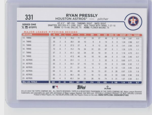 2024 Topps Chrome Ryan Pressly #331 Astros - Image 3