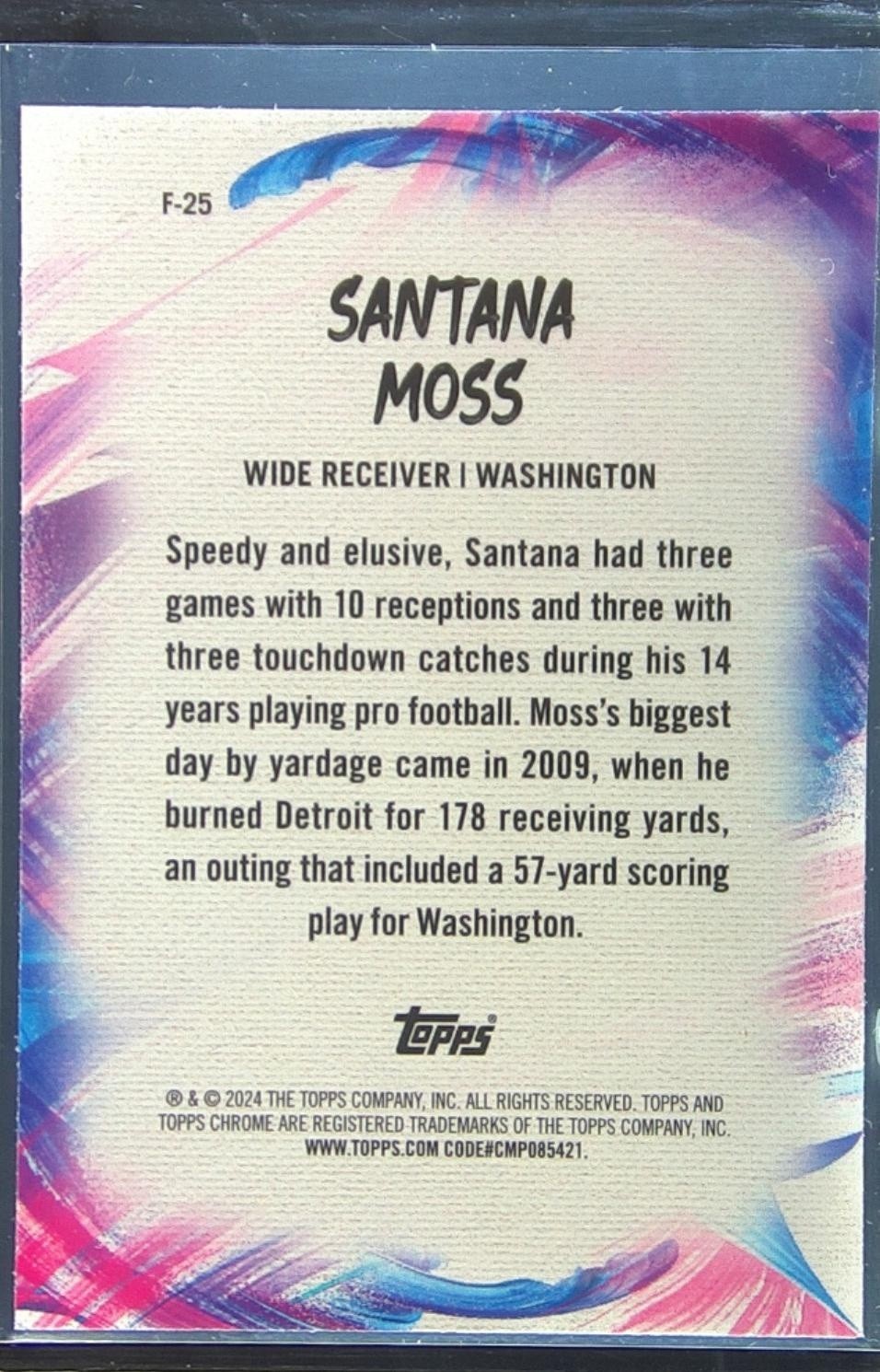 2024 Topps Chrome Santana Moss #F-25 Redskins Finesse Pink Refactor - Image 3