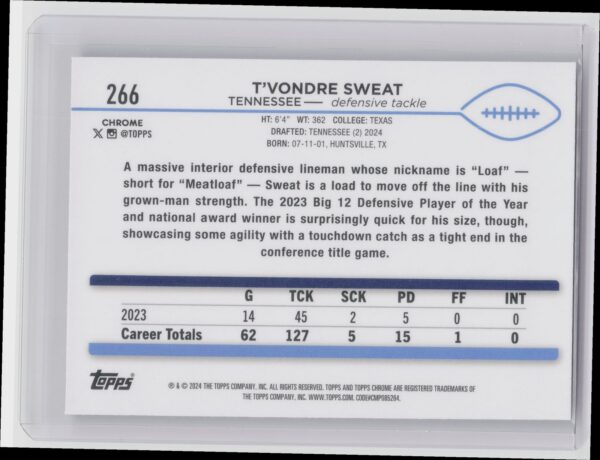 2024 Topps Chrome T'Vondre Sweat RC 266 Titans - Image 3