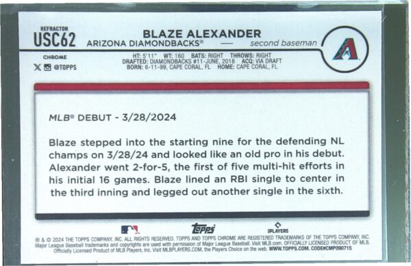 2024 Topps Chrome Update Blaze Alexander Refractors RC #USC62 Diamondbacks - Image 3