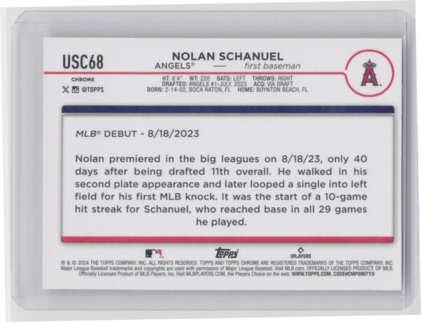 2024 Topps Chrome Update Nolan Schanuel X Fractors RC #USC68 Angels - Image 3
