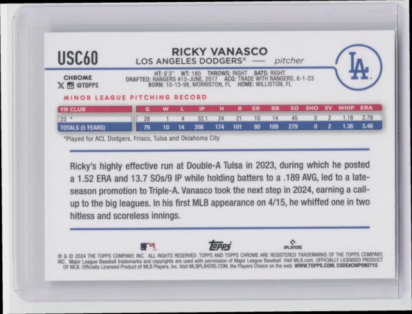 2024 Topps Chrome Update Ricky Vanasco #USC60 Dodgers - Image 3