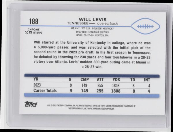 2024 Topps Chrome Will Levis Prism Refractor #188 Titans - Image 3