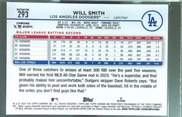 2024 Topps Chrome Will Smith Refractors #293 Dodgers - Image 3