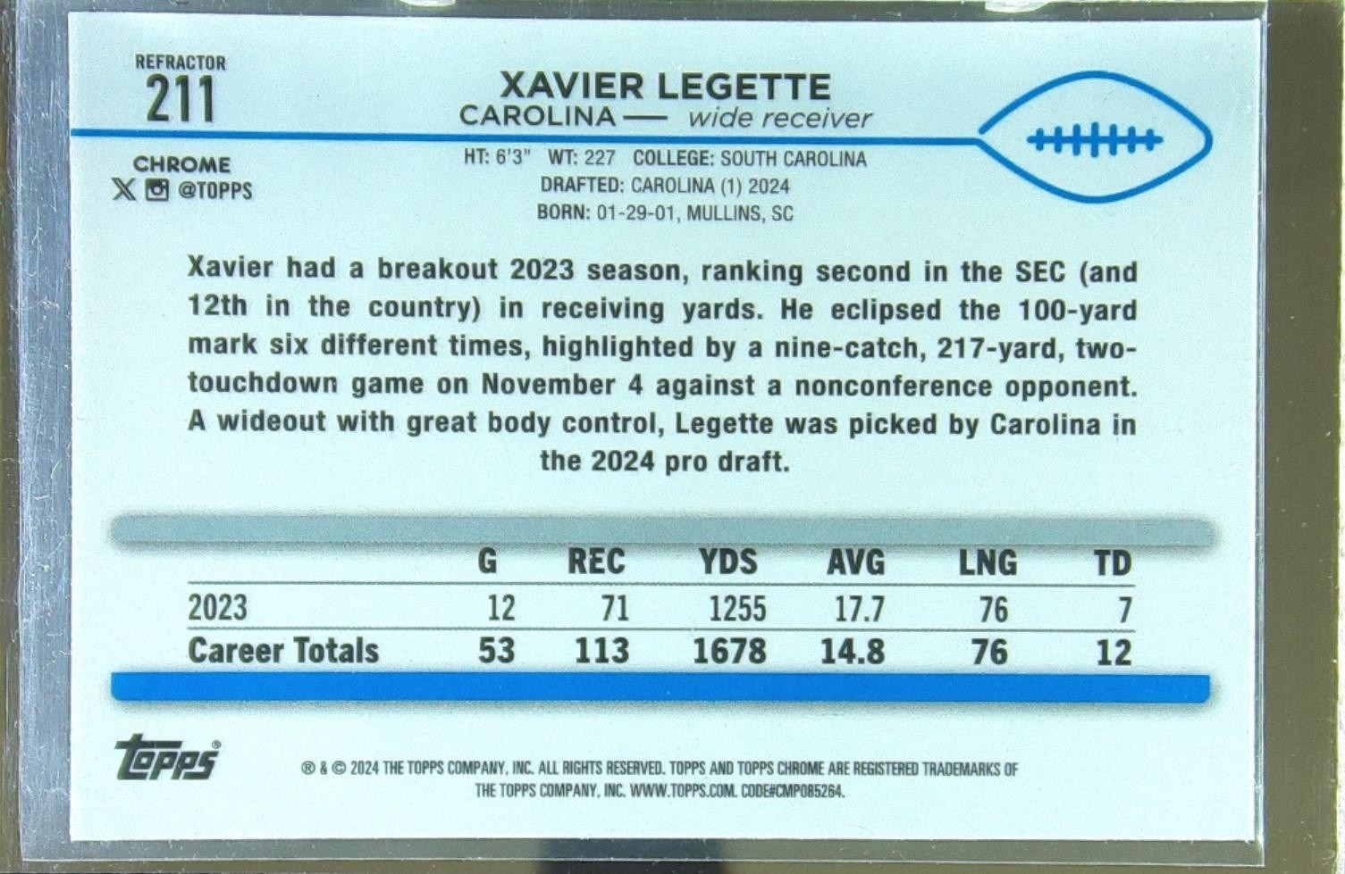2024 Topps Chrome Xavier Legette Refractor RC #211 Panthers - Image 3