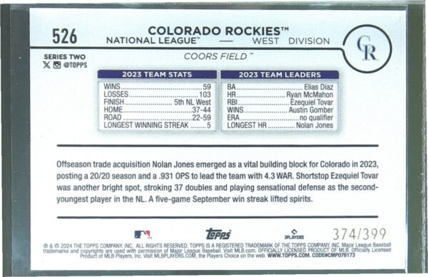 2024 Topps Colorado Rockies Aqua Crackle Foil /399 #526 Rockies - Image 3