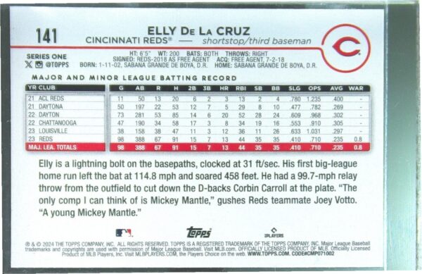 2024 Topps Elly De La Cruz RC #141 Reds - Image 3