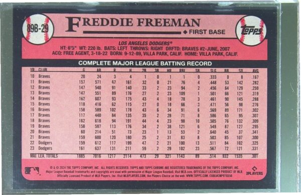 2024 Topps Freddie Freeman #89B-29 Dodgers 1989 35th Anniversary Foil - Image 3