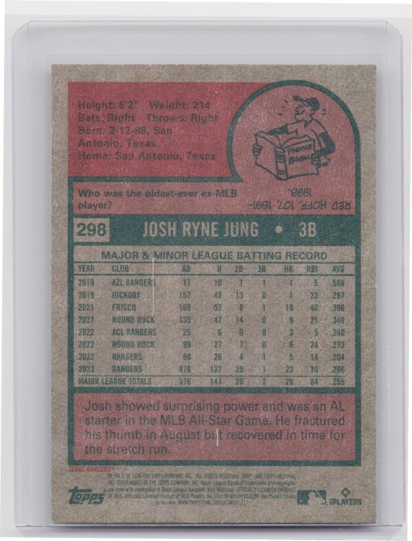 2024 Topps Heritage Mini Josh Jung #298 Rangers - Image 3