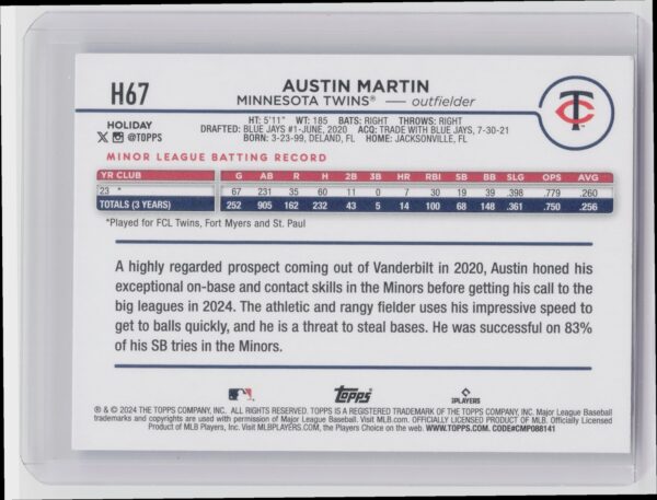 2024 Topps Holiday Austin Martin RC #H67 Twins - Image 3