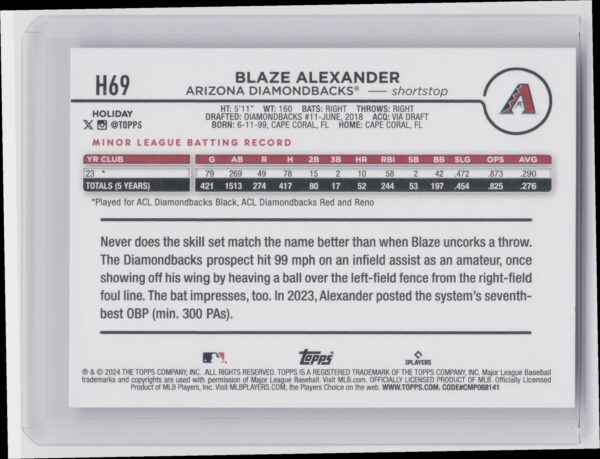 2024 Topps Holiday Blaze Alexander RC #H69 Diamondbacks - Image 3