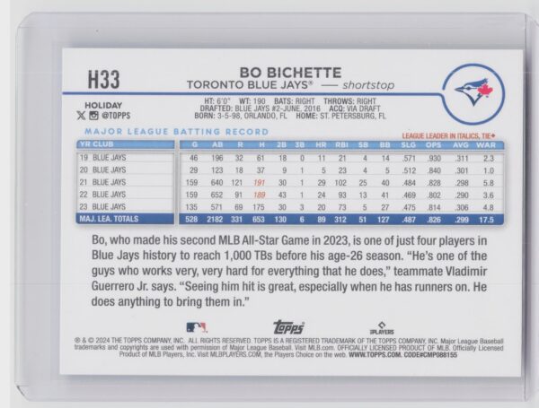 2024 Topps Holiday Bo Bichette SP VAR #H33 Jays - Image 3